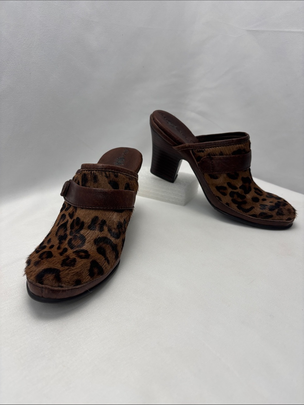 Born Crown Women’s 5 Leopard Print Leather Mule Heels - Brown #412